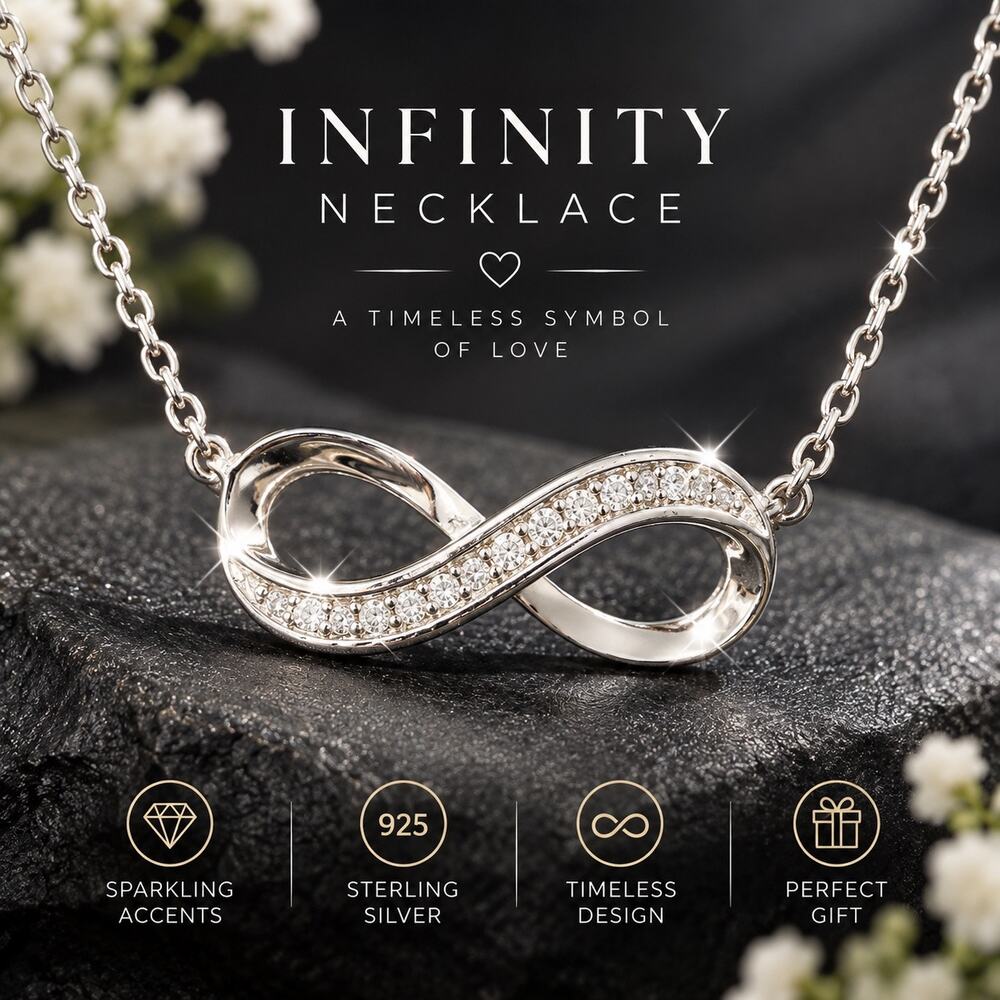 NWT 925 Sterling Silver Moissanite Infinity Necklace Pendant Adjustable Chain